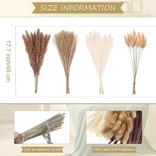 Miniatura 5 de 80 piezas de decoración de hierba de las pampas con colas de conejo, flores secas bohemias, ramo de hierba de caña para decoración de mesa de boda,