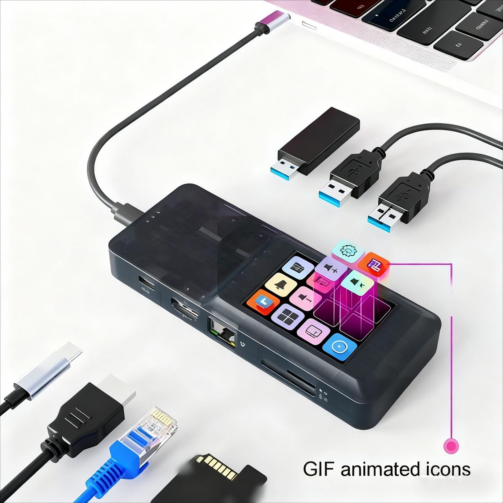 Zunate Adapter Wieloportowy USB C Hub, Rozdzielacz USBC na HDMI 8 W 1 z Wyświetlaczem 3840x2160, PD 100 W, RJ45, HDTV, 3 Porty USB 3.0 5 Gb/s, Karta Pamięci, TF, do Laptopa