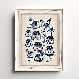 Beach Hut Collection Cabana Island Time Vintage Coastal Rustic Navy Blue Framed Wall Art Print for Seaside Decor