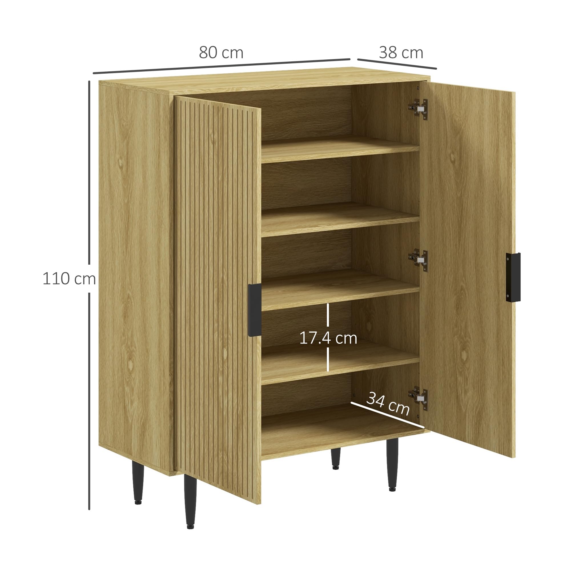 HOMCOM Scarpiera Salvaspazio per 15 Paia di Scarpe 80x38x110cm Rovere | Scarpiera da Ingresso, 4 Ripiani Regolabili, Gambe in Metallo