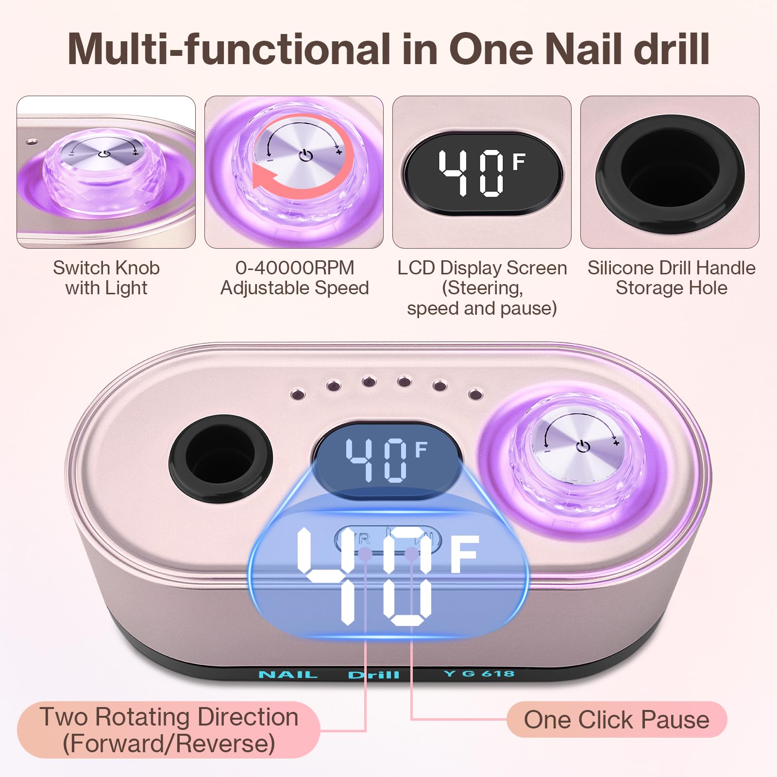 Ponceuse pour Ongles Professionnelle 40000 RPM 36 W, Urbuti 12 en 1 Ponceuse Ongles Portable avec Écran LCD & Support, Lime à Ongle Electrique Silencieux, Kit Manucure Pédicure pour Salon/Maison-Rose