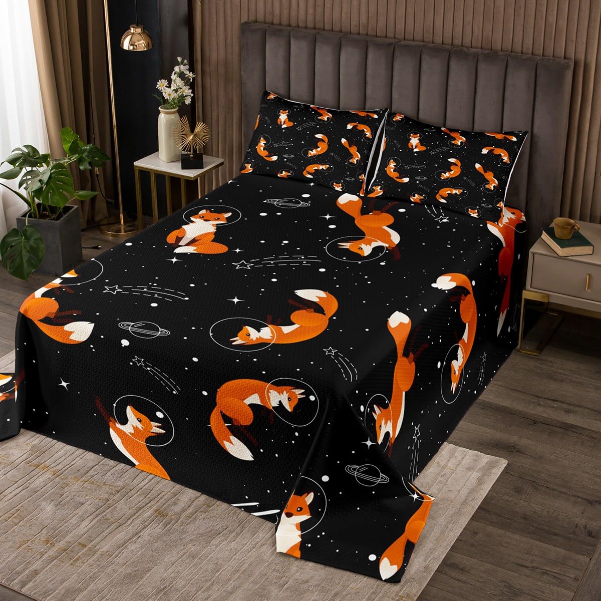Cute Fox Pattern Lightweight Quilt Set for Kids Teens,Outer Space Bedspread Coverlet,Galaxy Planet Bed Cover Orange Fox Bedding Set Decorative Quilted 2 Piece Coverlet Set with 1 Pillow Sham,Twin Size