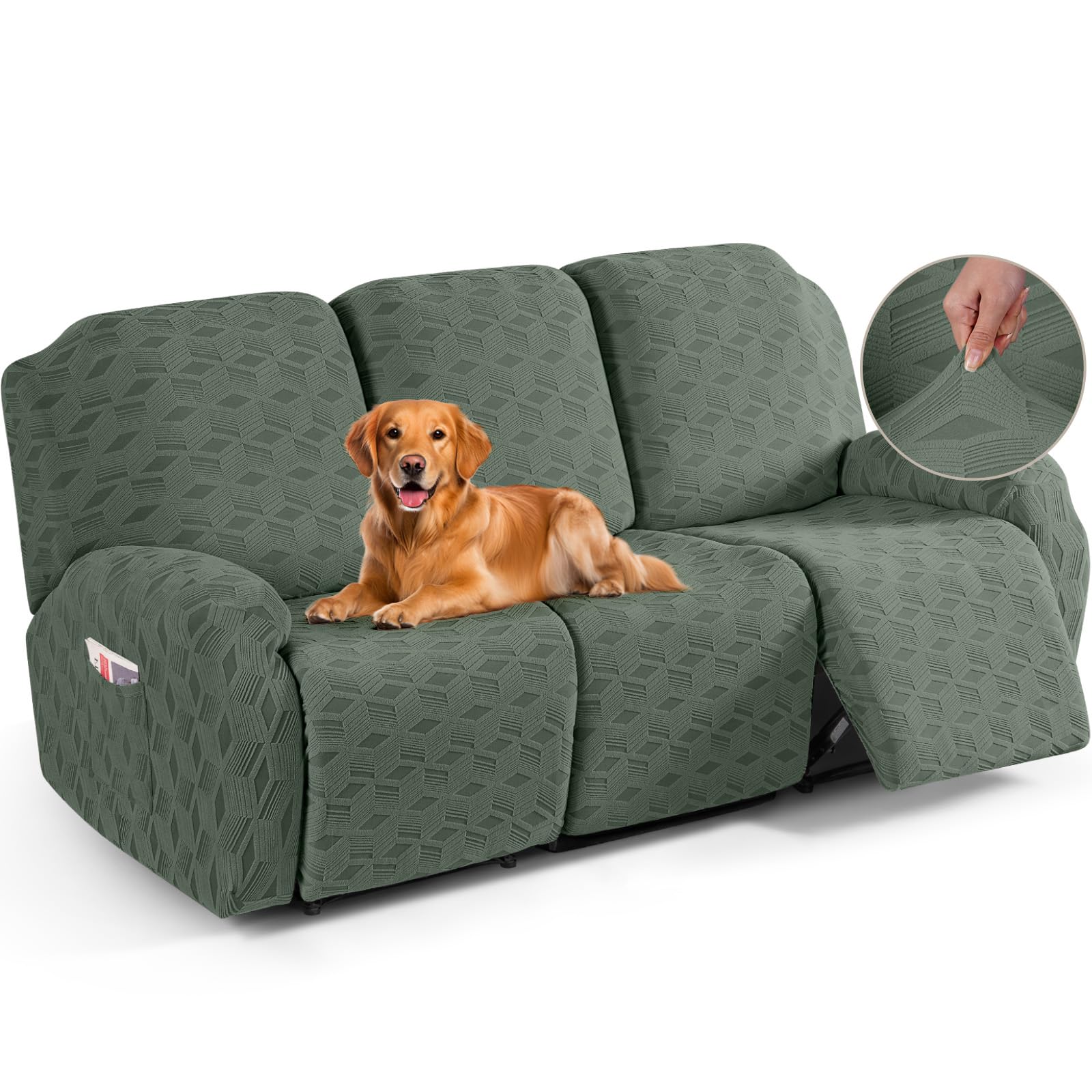 TAOCOCO Recliner Sofa Covers Stretch Reclining Couch Cover, Jacquard Recliner Couch Cover for 3 Seat Furniture Protector Sofa Slipcovers with Elastic Bottom for Kids, Pets (Grey Green)