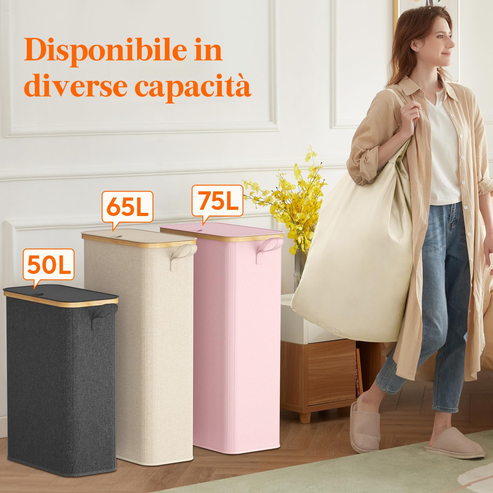 Lifewit Cesto Portabiancheria Salvaspazio, Cesta Biancheria Sporca con Coperchio, Porta Biancheria Sporca Slim per Bagno, Laundry Basket per Camera da Letto, Bagno, Lavanderia, 70 L, Beige