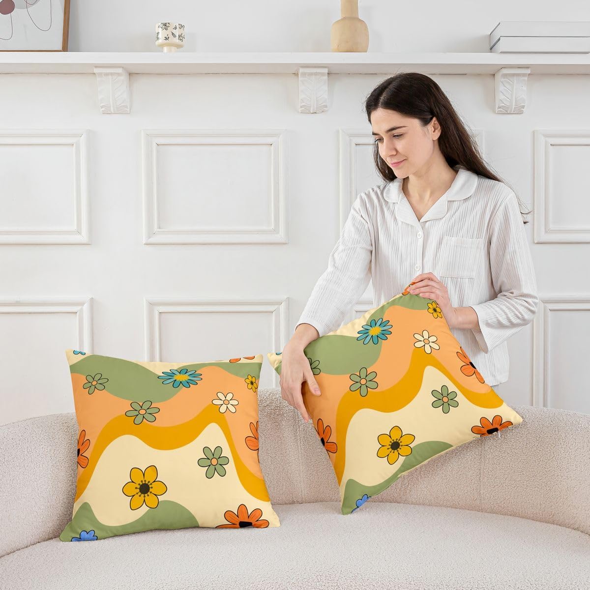 Feelyou Groovy Flower Throw Pillow Covers 24"x24" Set of 2 Soft Retro Floral Boho Pillow Cases Cushion Covers for Living Room Bedroom Stripe Decorative Throw Pillowcases for Sofa Couch Chair