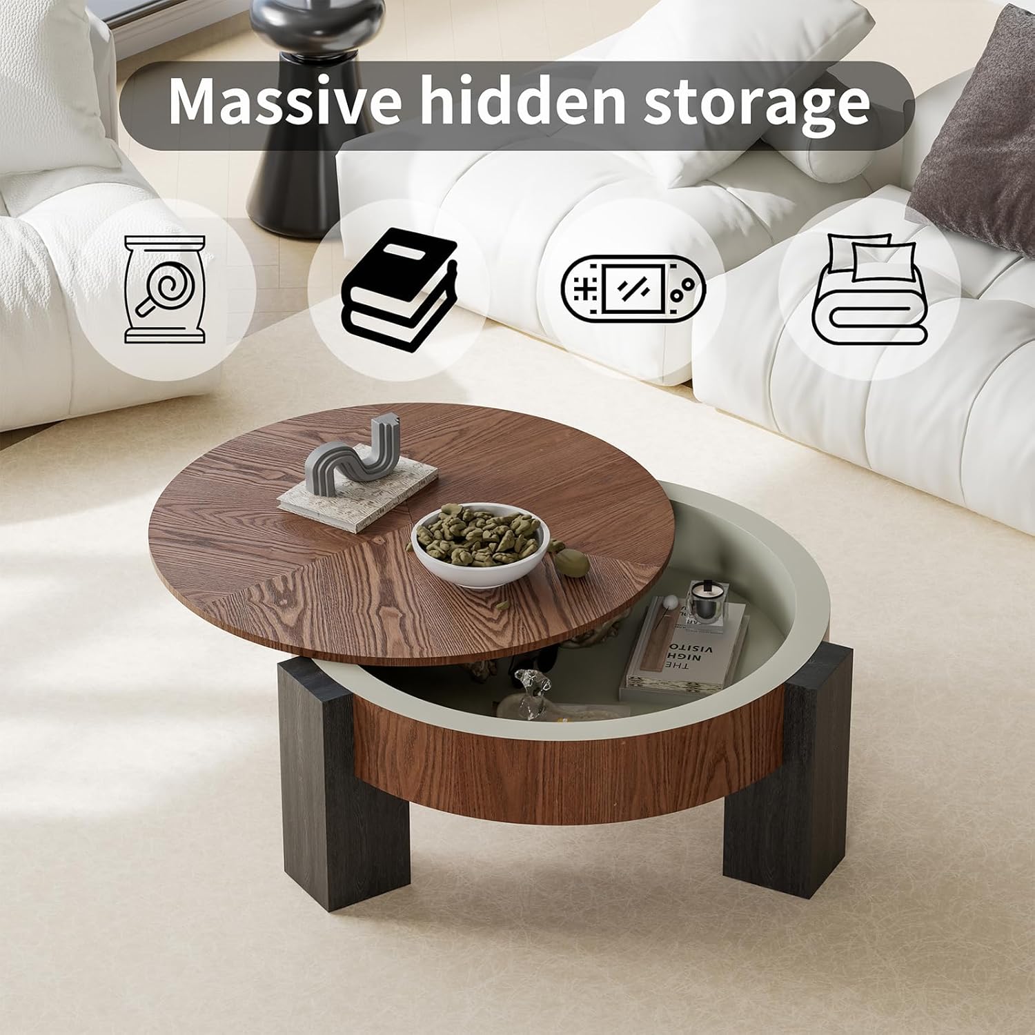 Round Coffee Table with Storage, Modern Living Room Table Accent Tea Table with Black Wood Grain Legs Center Table for Home Bedroom Balcony Office 31.5" Walnut