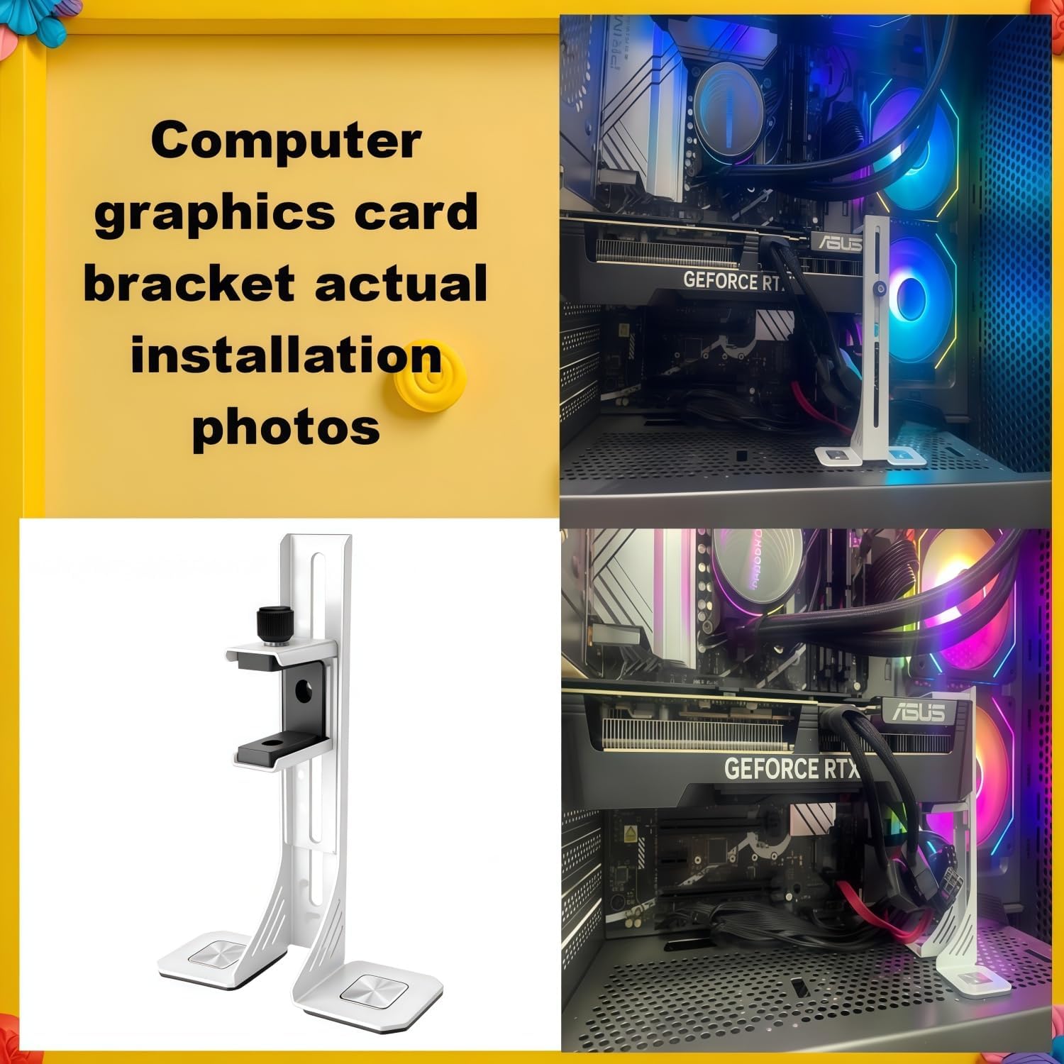White Anti-Sagging GPU Bracket - Compatible with RTX 5070/40/30 Series, Adjustable 30-118mm, Supports 78mm Thick GPUs, Magnetic Base + CD Glossy Decoration