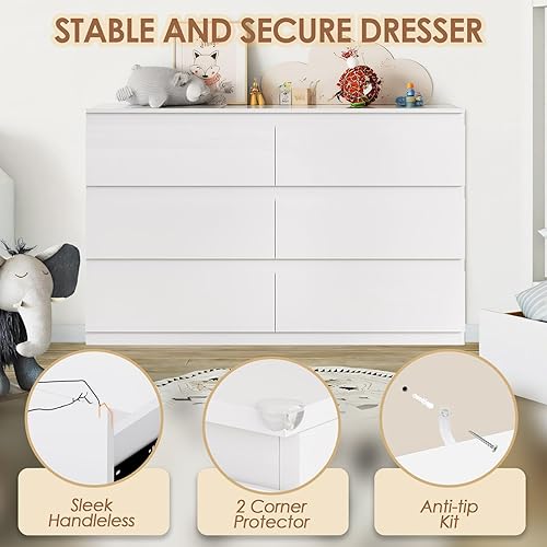 Miniatura 5 de Cómoda para dormitorio con 6 cajones anchos, cómoda de madera blanca, cómoda moderna para almacenamiento de ropa, organizador de almacenamiento 6
