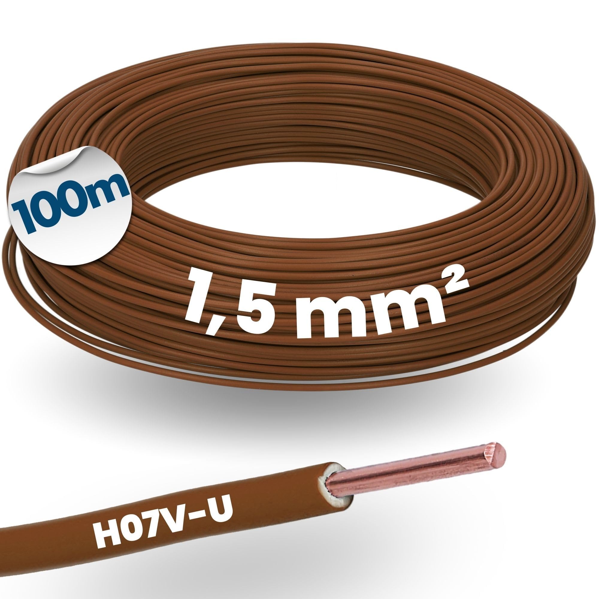 Kalitec 100m H07V-U 1 x 1,5 mm² Brązowy - Przewód Jednożyłowy Sztywny | Kabel miedziany 450/750V do szaf sterowniczych i lamp, ognioodporna izolacja PCW, montaż podtynkowy i w rurach