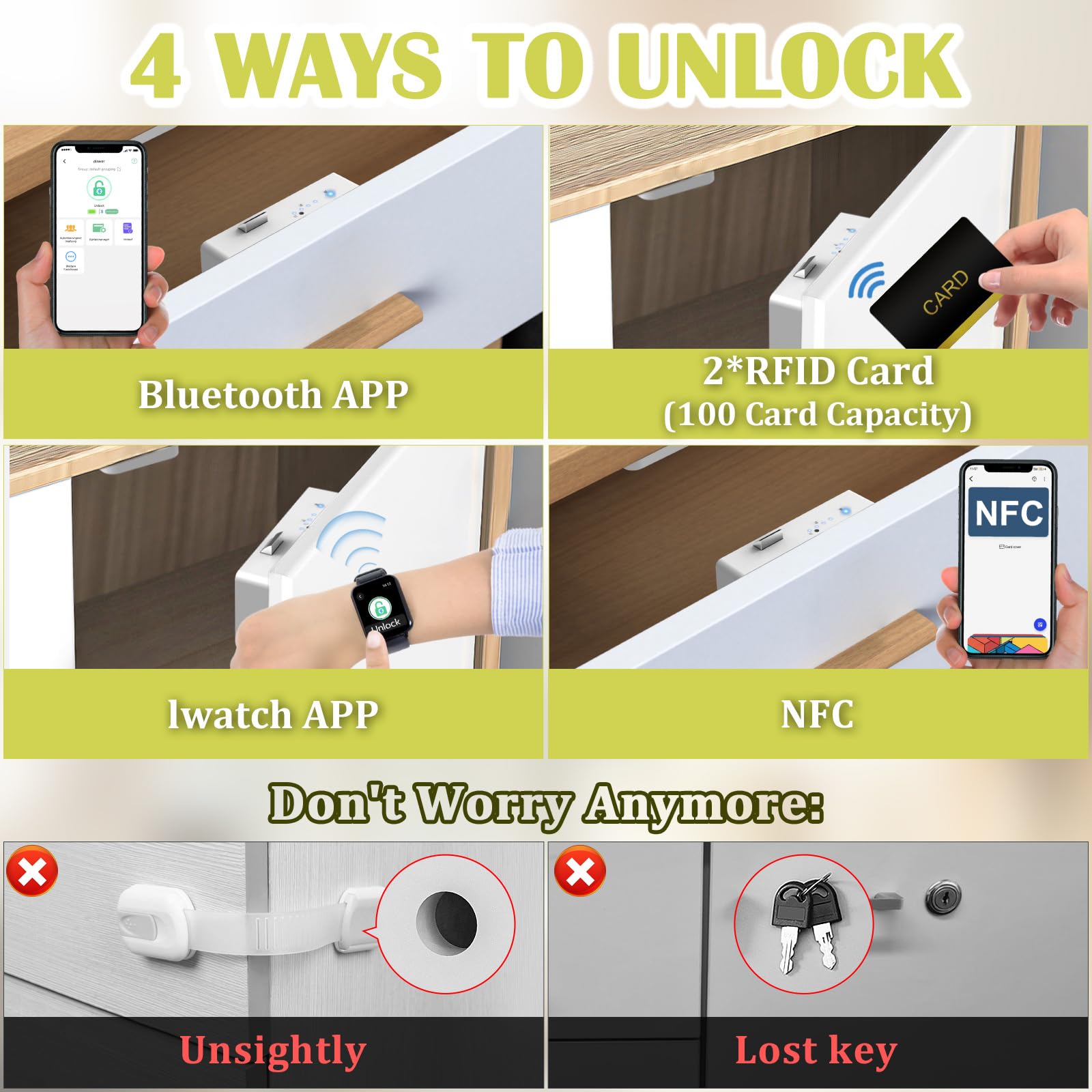 Anweller Smart Cupboard Locks for Children,Smart Cabinet Lock,Hidden RFID Keyless Bluetooth Drawer Locks,Baby Proofing Child Safety Cupboard Locks for Liquor Cabinet Drawer Cupboard Desk Dresser White - Image 2