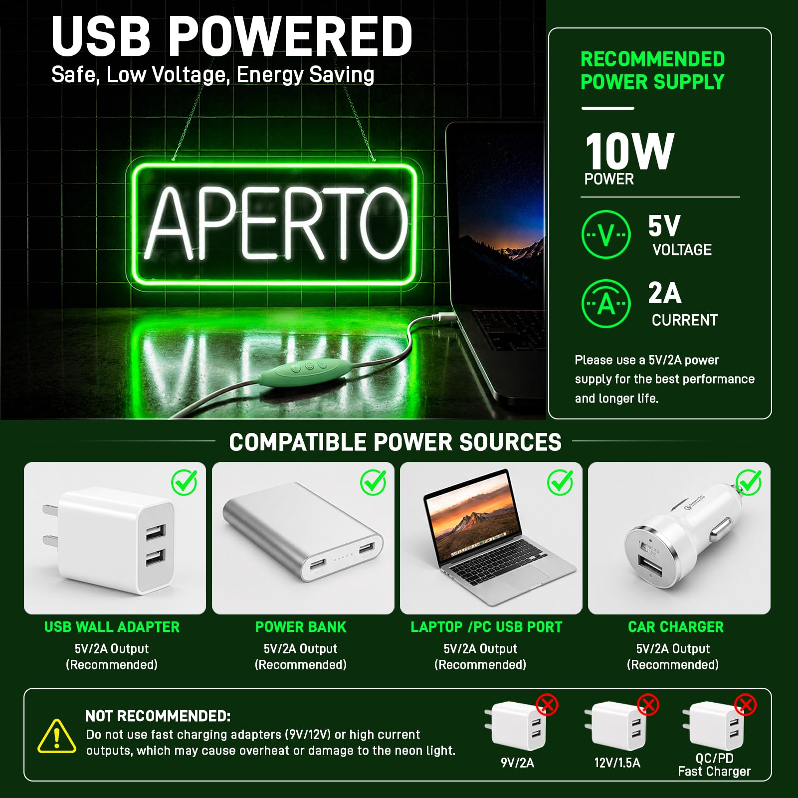 Insegne luminose APERTO, USB Insegna al Neon Aperta per Negozio, Luce al neon a LED verde bianco per Bar, Ristoranti, Supermercato, Caffetteria, Cartello aperto appendere alla porta/finestra
