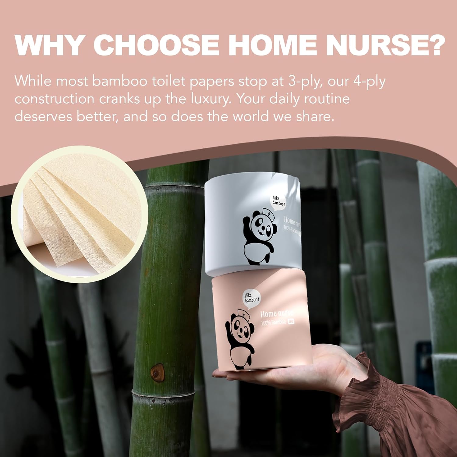 Home Nurse 4-Ply Bamboo Toilet Paper 12 Rolls, Unbleached Septic Safe Toilet Paper, No Lint Strong Chemical Free Tree Free Compact Bath Tissue | Skin-friendly, Quick dissolving, High absorbency, Space-saving compact, Plastic-free package