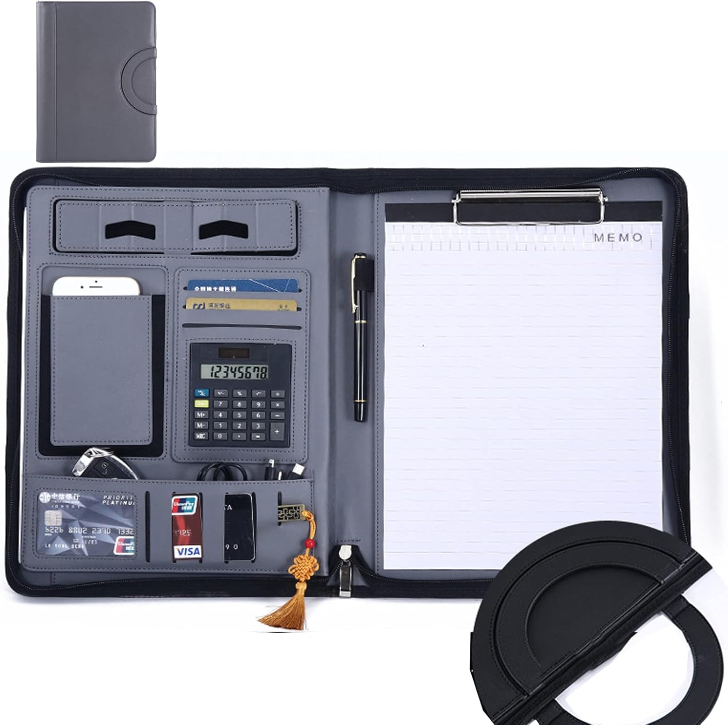 Puレザー 多機能バインダー スマホスタンド機能 クリップボードフォルダ クリップファイル 二つ折り ジッパー付き 事務 書類 名刺 ポケット 書類ホルダータブレットスリーブ付き 電卓 外出時に持ち運びに便利 Oxfordpaints Com