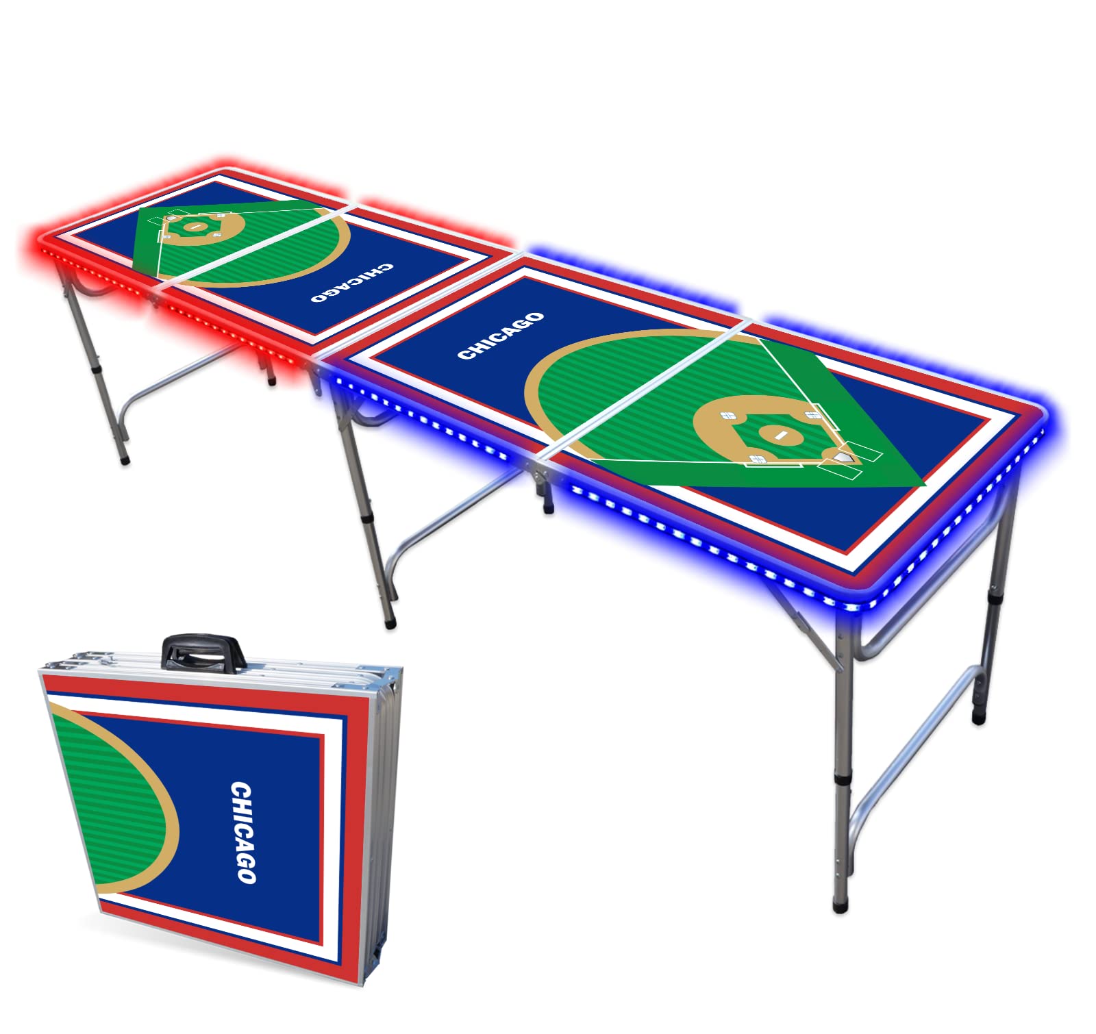 8-Foot Professional Beer Pong Table w/LED Lights - Chicago Baseball Diamonds