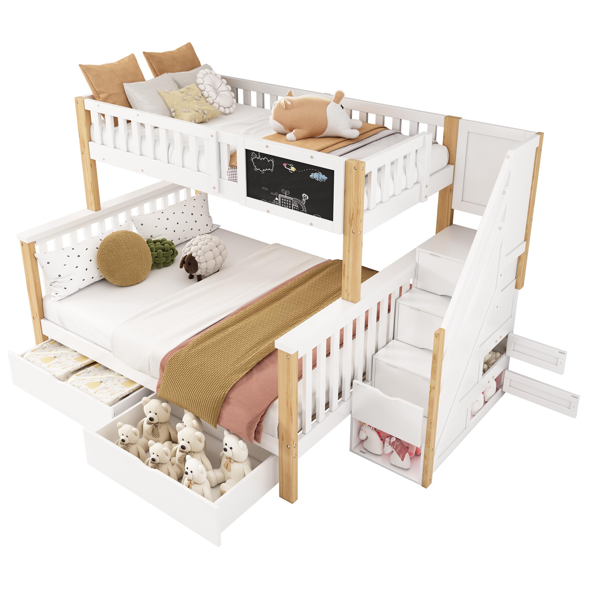 Moimhear Letto a castello per bambini, matrimoniale, multifunzione, con piano e cassetti, 90 x 200 + 140 x 200 cm (bianco + rovere chiaro)