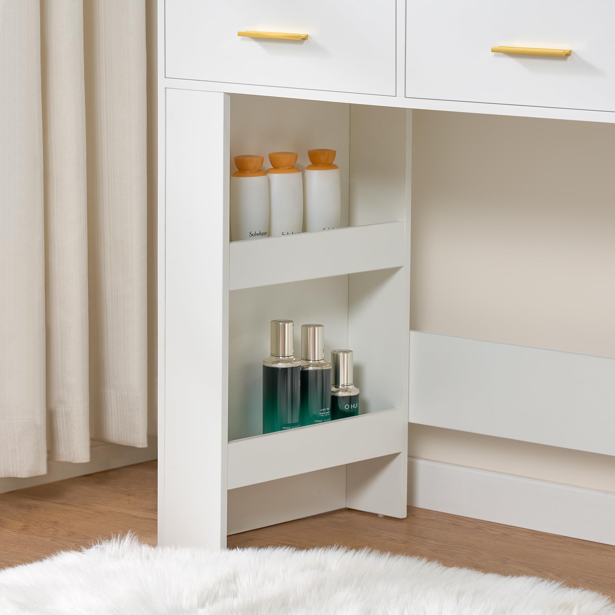 BEWISHOME Grande Toeletta da Trucco con Specchio e Sgabello, Toeletta con Luci LED a Luminosità Regolabile e Prese,Postazione Trucco con Piano in Vetro,Tavolo da Trucco, Toilette Trucco Bianco EFST28W