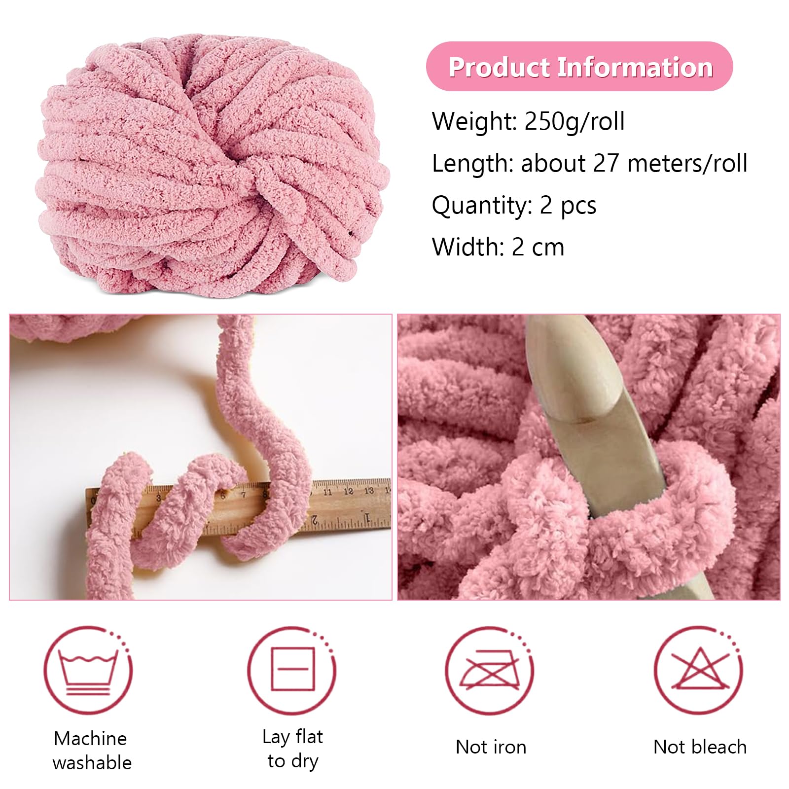 YushengTai Thick Wool, Pack of 2, 500 g, Dark Pink Thick Wool Yarn Knitting Yarn, Super Soft Chenille Chunky Yarn - Image 2