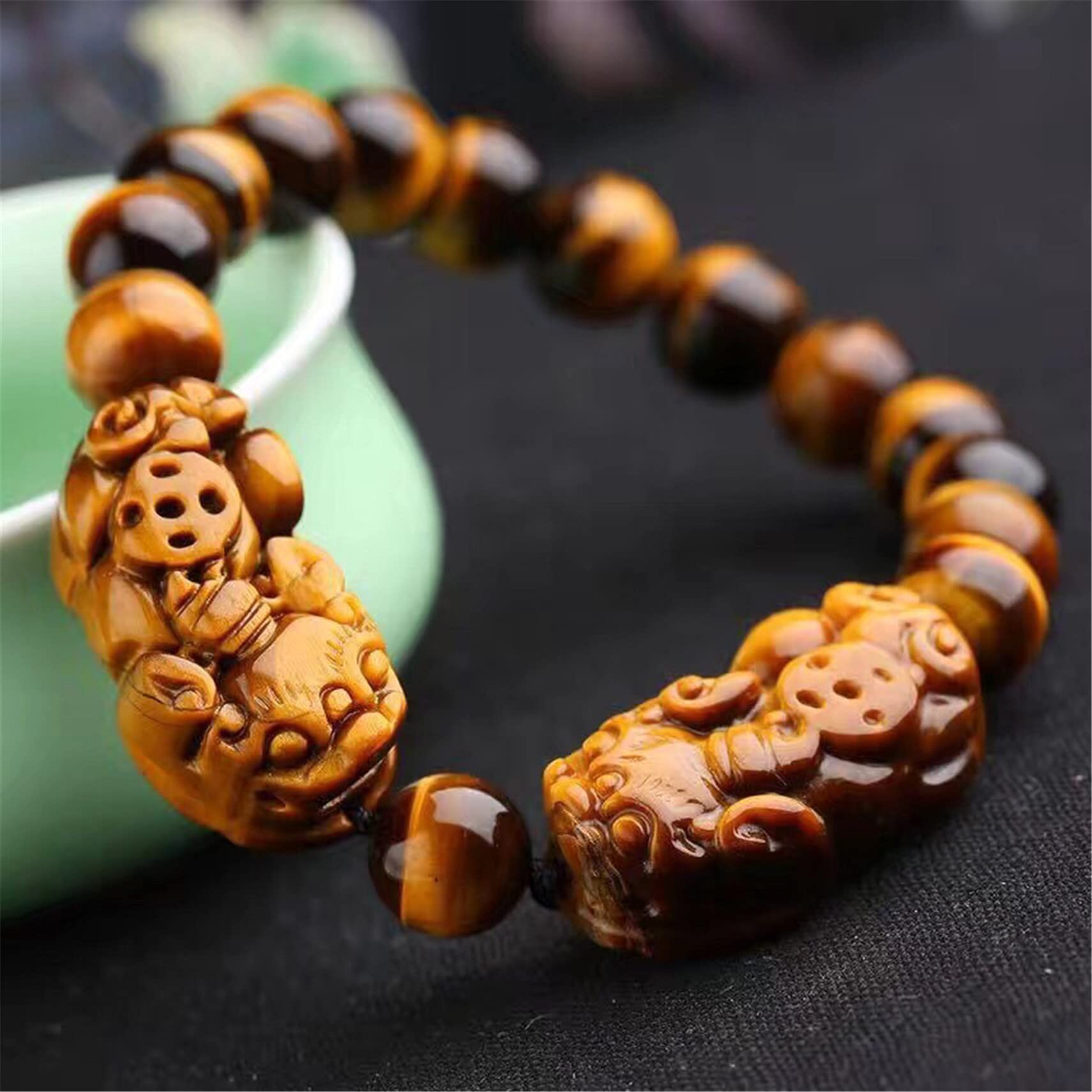 Oro placcato Feng Shui Christian Beaded bracciale nero ossidiana & giallo occhio di tigre con dodici segni zodiacali feste di fidanzamento