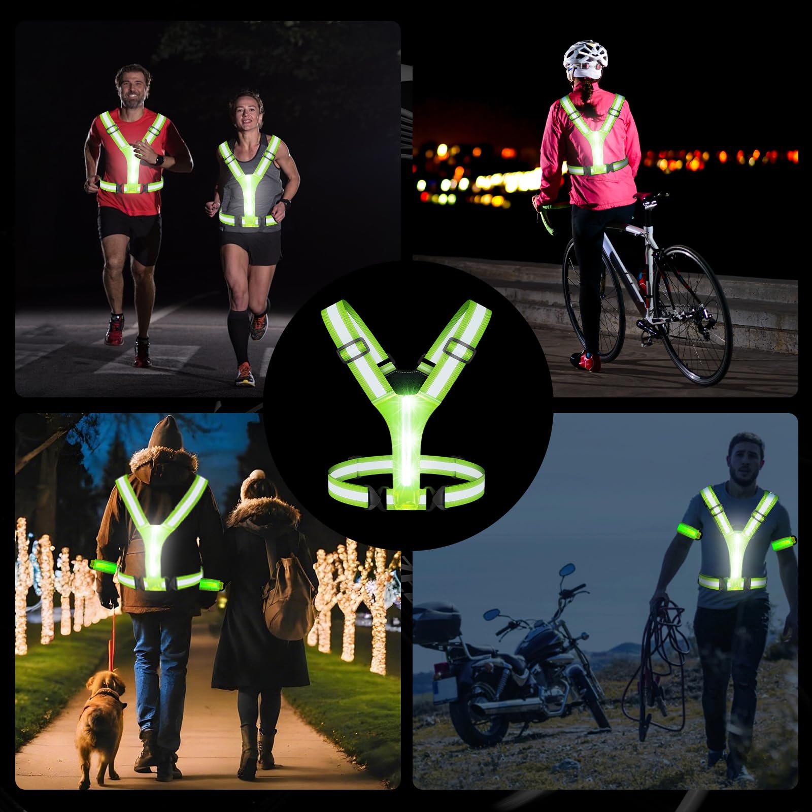 Équipement de course réfléchissant avec brassard LED rechargeable, 5 couleurs lumineuses, gilet de course réfléchissant rechargeable pour la marche de nuit, la course à pied, le cyclisme, le