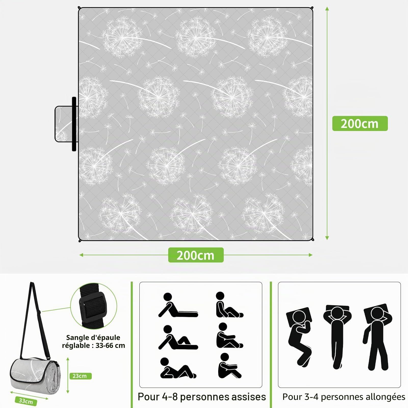 HAUSPROFI Couverture de pique-nique imperméable XXL - Couverture de plage - Couverture de pique-nique - Avec piquets, poignée de transport et bandoulière - Pour l'extérieur, pique-nique, jardin, plage