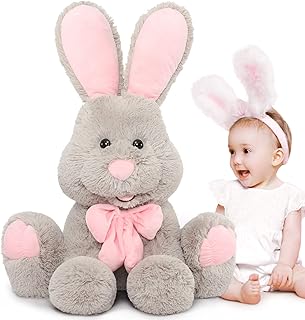 MorisMos Giant Bunny Stuffed Animal-31.5" Large Stuffed Bunny, Grey Easter Rabbit Stuffed Animal with Pink Ear, Soft Giant Stuffed Bunny Plush Toy Gift for Girl Boy on Easter Halloween Christmas