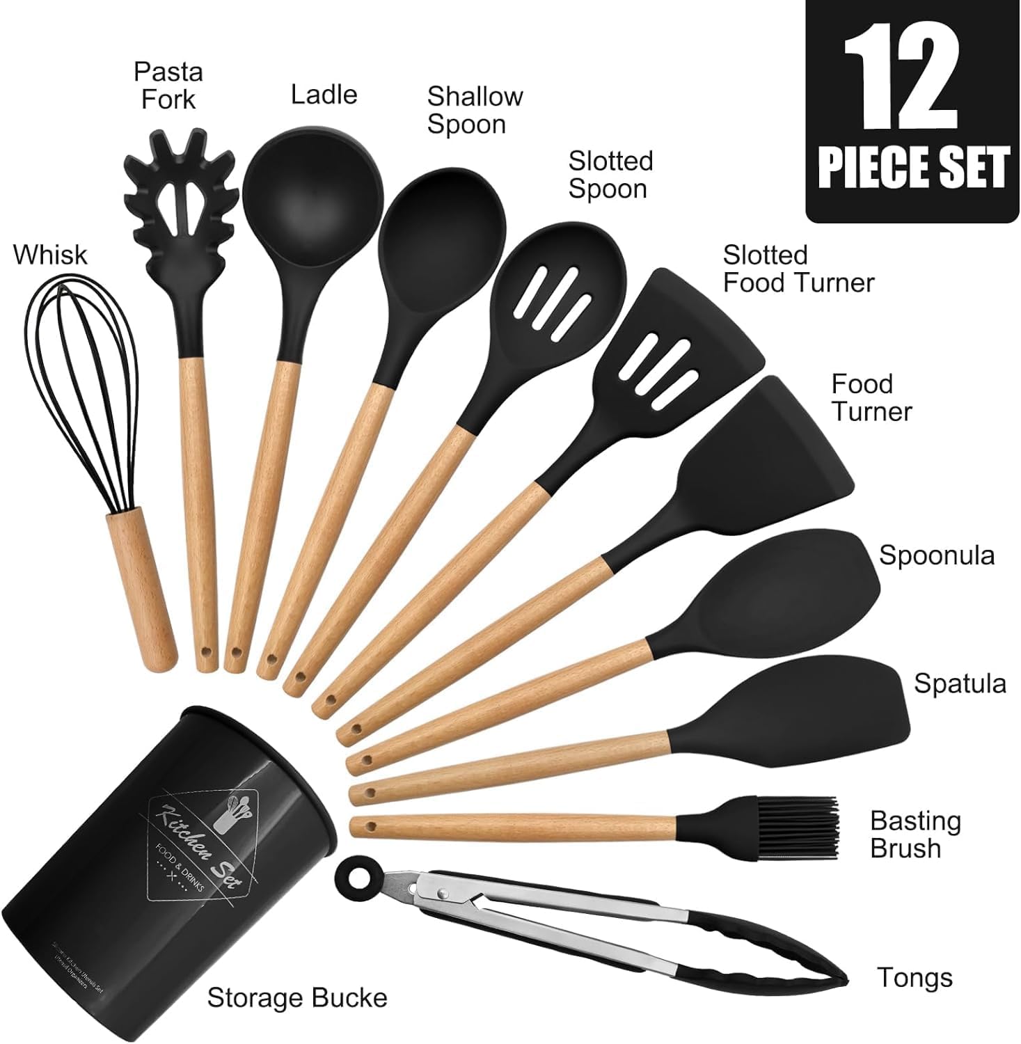 SKYTONE Silicone Spatula and Utensils Spoon Set 12-Piece Silicone Kitchen Cooking Utensils Set, Non-Stick Utensils Set Heat Resistant Easy Clean, BPA Free (Black) 3