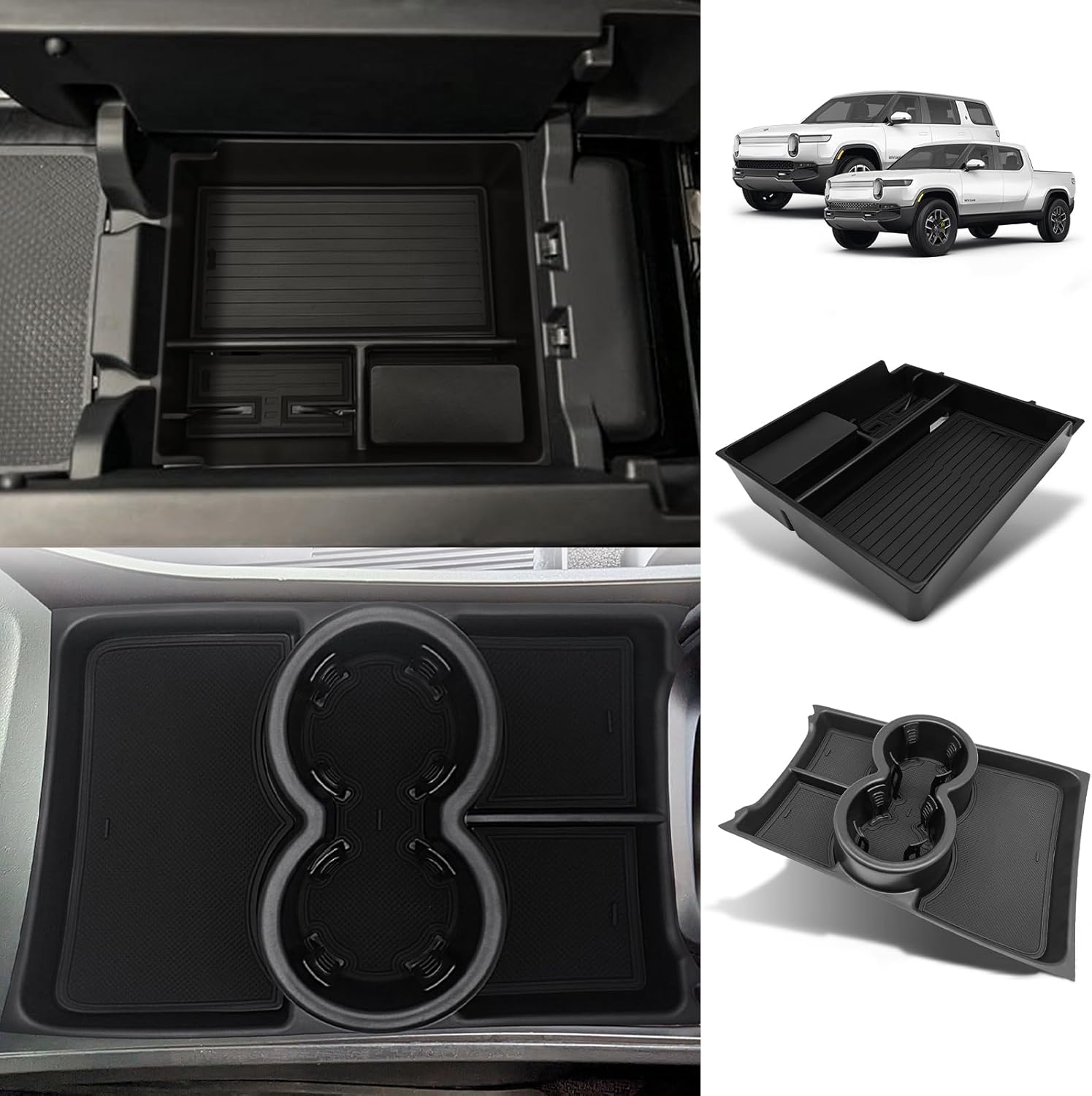 BestEvMod Upgraded V3 Armrest Storage Box and Cup Holder Lower Center Console Organizer Tray with PVC Trim Removable Coin Holder Compatible with Rivian R1T/R1S 2022-2024 (V3 Console+Lower Tray Black)