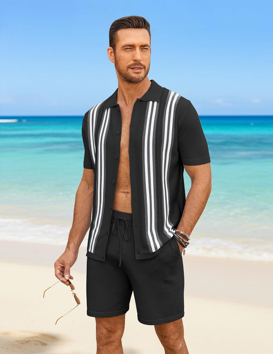 COOFANDY Men's 2 Piece Outfits Summer Short Sets Vintage Knit Button Down Shirt Short Sleeve Polo Casual Beach Suits - Image 3