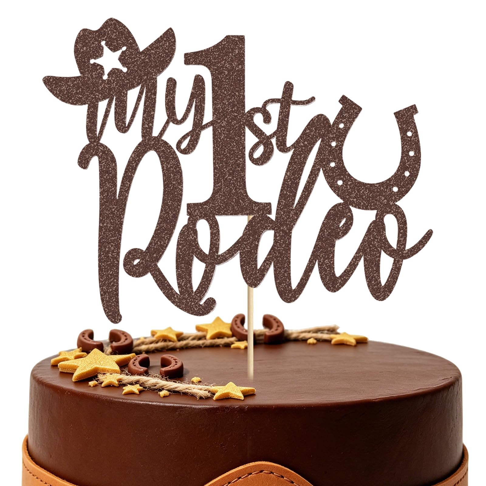 My 1st Rodeo Cake Topper Brown Glitter Cowboy Hat Horseshoe Lettering Cake Pick for Western Cowboy 1st Birthday Farm Themed Party Decor - 1 Pack