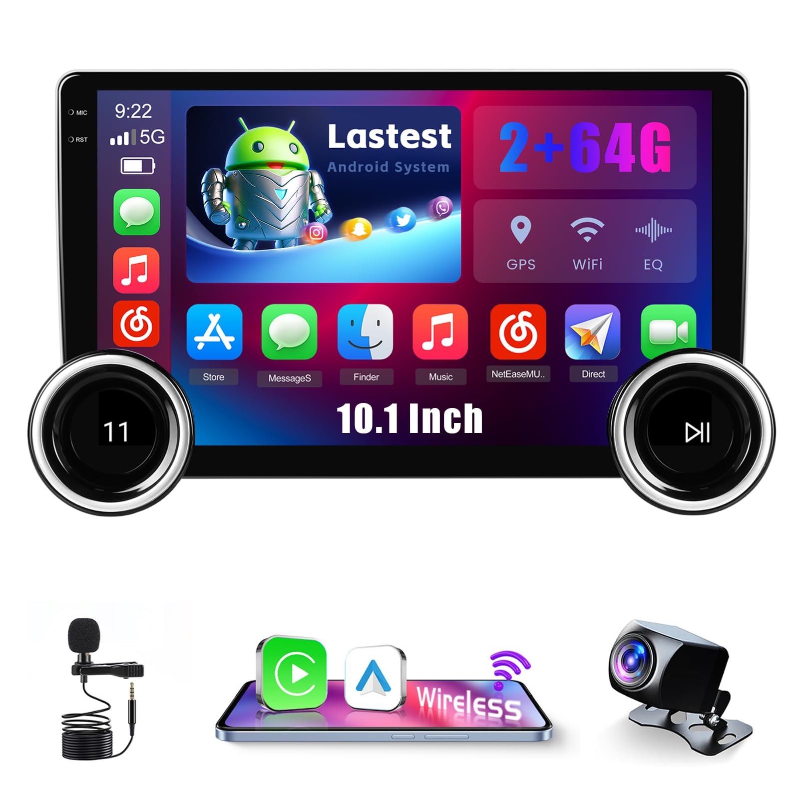 Inefala Android 15 2 Din Autoradio Wireless CarPlay con Schermo Motorizzato 2+64G, 10,1 Pollici Stereo Auto Bluetooth con Android Auto CarPlay Mirror Link FM RDS GPS WiFi Telecamera Posteriore AUX USB