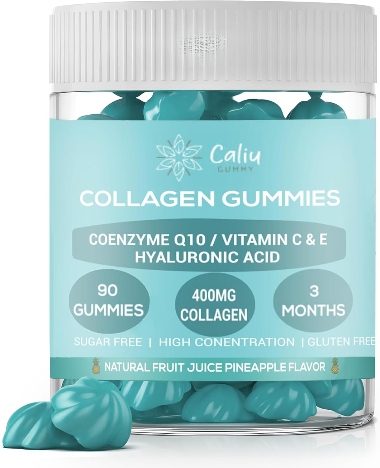 Collagen Gums 400 mg | 90 Gummies | With Hyaluronic Acid, Coenzyme Q10 & Vitamins C-E-D | Skin, Hair & Joints | Sugar Free | Pineapple Taste | 3 Months | Beauty Supplement