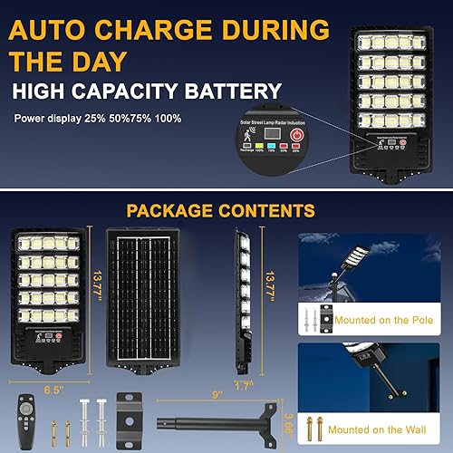 Miniatura 6 de Paquete de 4 luces solares para calle, 30000 lm, luz de inundación para exteriores, 2 modos de sensor de movimiento, del atardecer al amanecer, luz