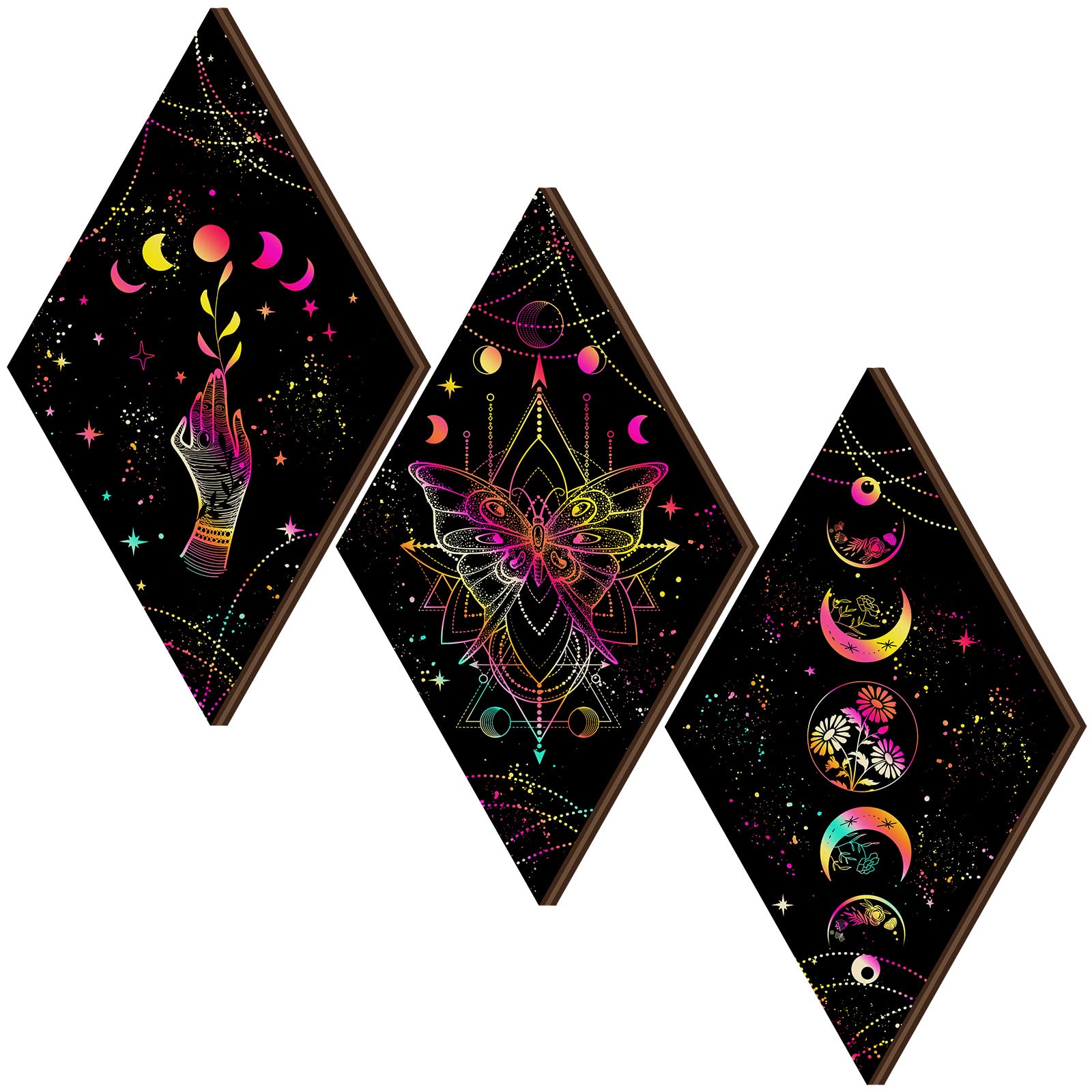 Ferraycle3 Pcs Rustic Boho Wall Decor Moon Phases Butterfly Wall Art Stars Moon Decor Minimalist Room Decoration Wooden Gothic Witchy Pediments Hanging Sign for Home(6.7 x 11.8 Inch,Black, Vivid)