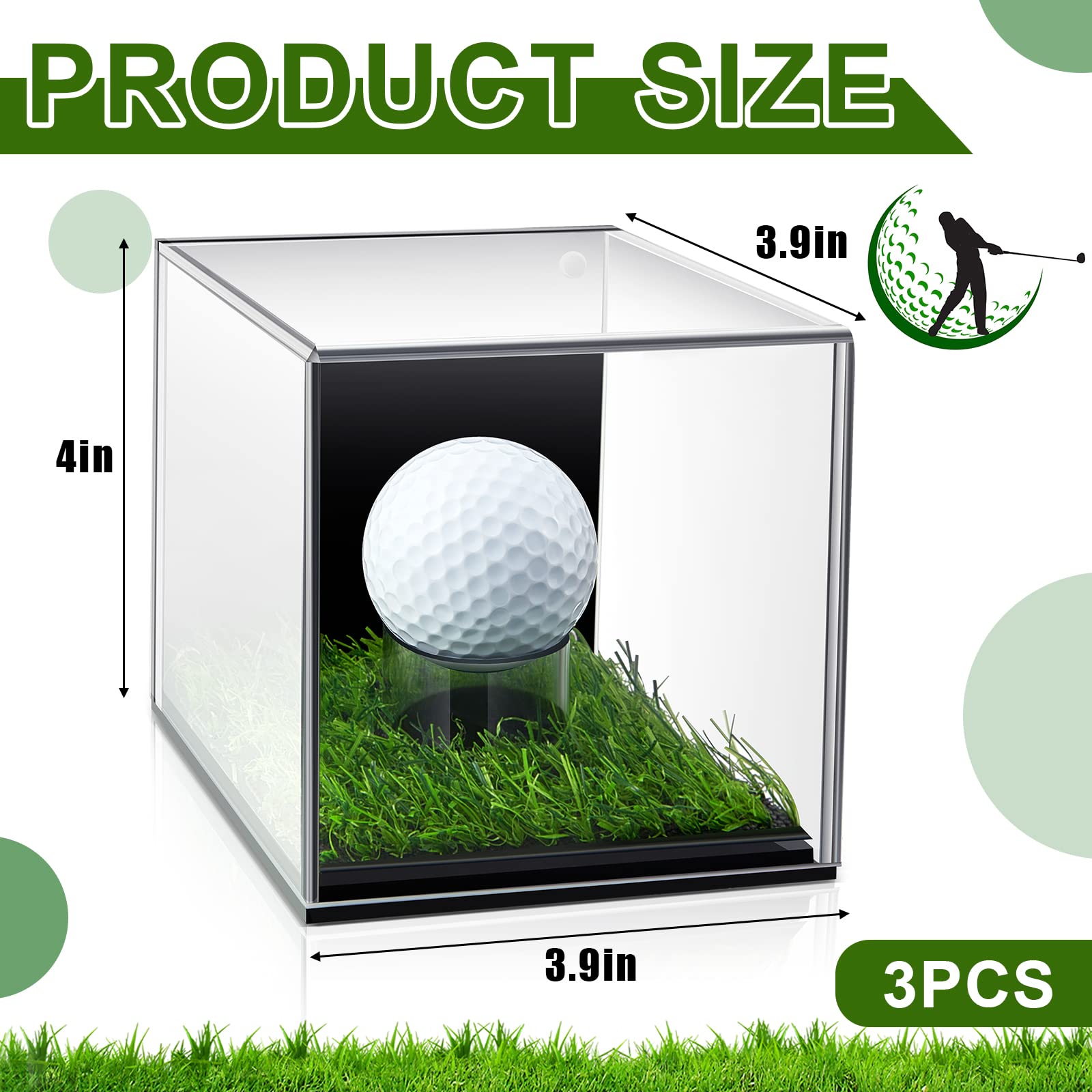 Vitrina de pelotas de golf, pequeña caja de acrílico transparente, soporte cuadrado para entusiastas de la pelota de golf, voleibol, coleccionables, 3.9 x 4 x 3.9 pulgadas (3 piezas)