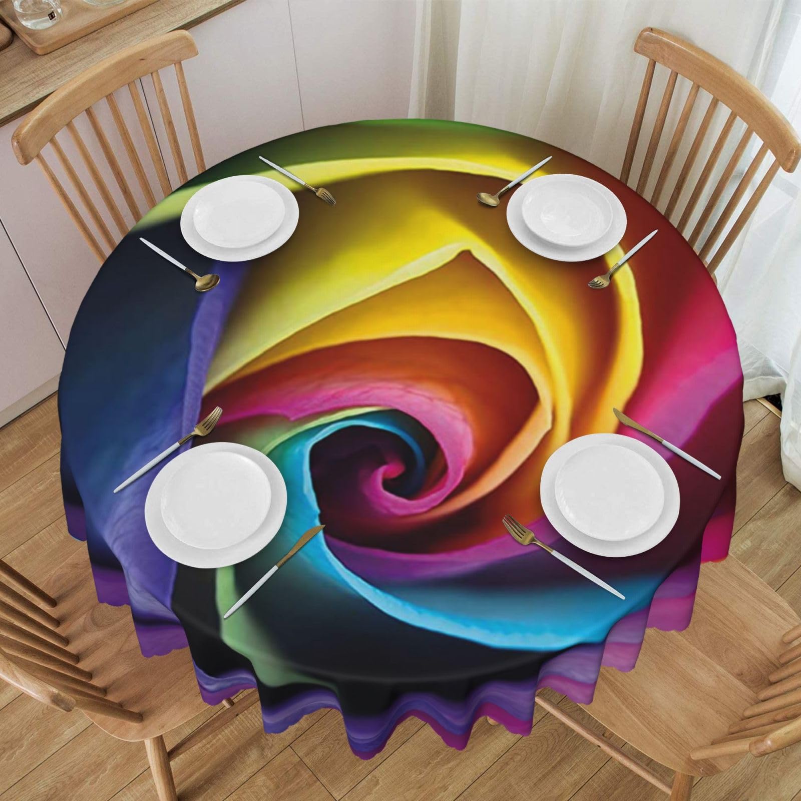 DCEHGEW 60 In Round Tablecloth with Lace, Rainbow Rose Flower Printed Oilproof & Washable Fabric Picnic Table Cloth Table Covers