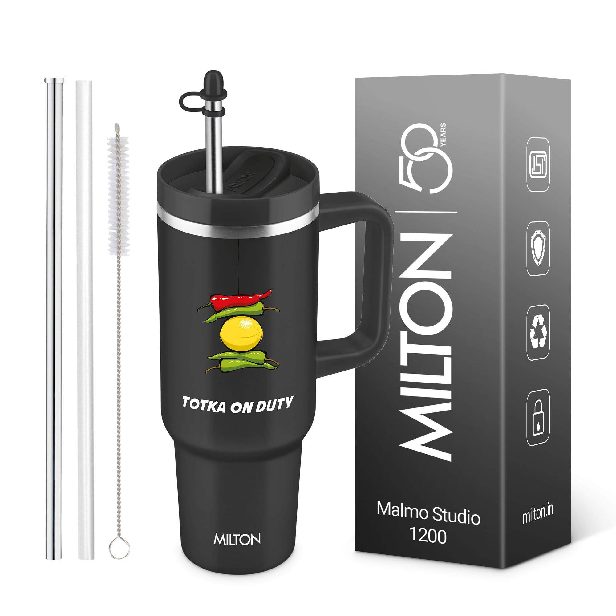 MILTON Malmo 1200 Thermosteel Double Wall Vacuum Insulated Stainless Steel Tumbler with Handle 1100ml, Travel Mug with Straw,Silicon Cap,Cleaning Brush,Hot & Cold Beverage Flask,Totka Black