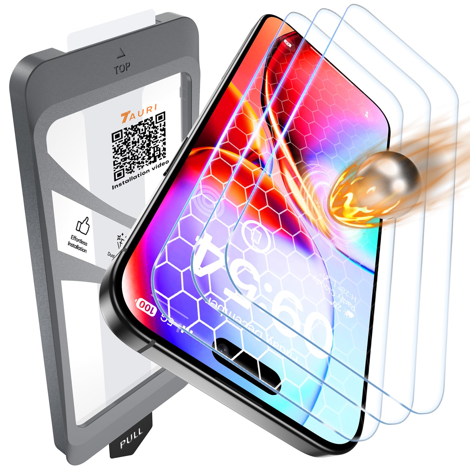 TAURI 3 Pezzi Pellicola Vetro Temperato per iPhone 16 6,1 Pollici, Rimozione Automatica Della Polvere, Durezza 9H Protettiva, Senza Bolle