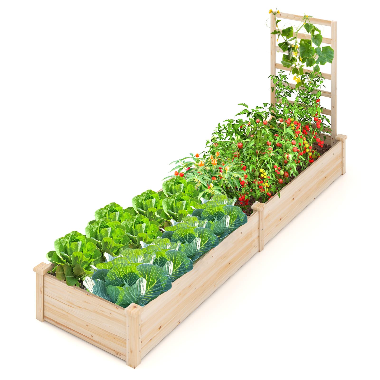 RELAX4LIFE Fioriera da Esterno, Orto Rialzato con Spalliera e 2 Cassoni, Base Aperta, Fioriera in Legno di Abete per Fiori e Piante Rampicanti per Balcone/Giardino (235x63x102cm, Naturale)