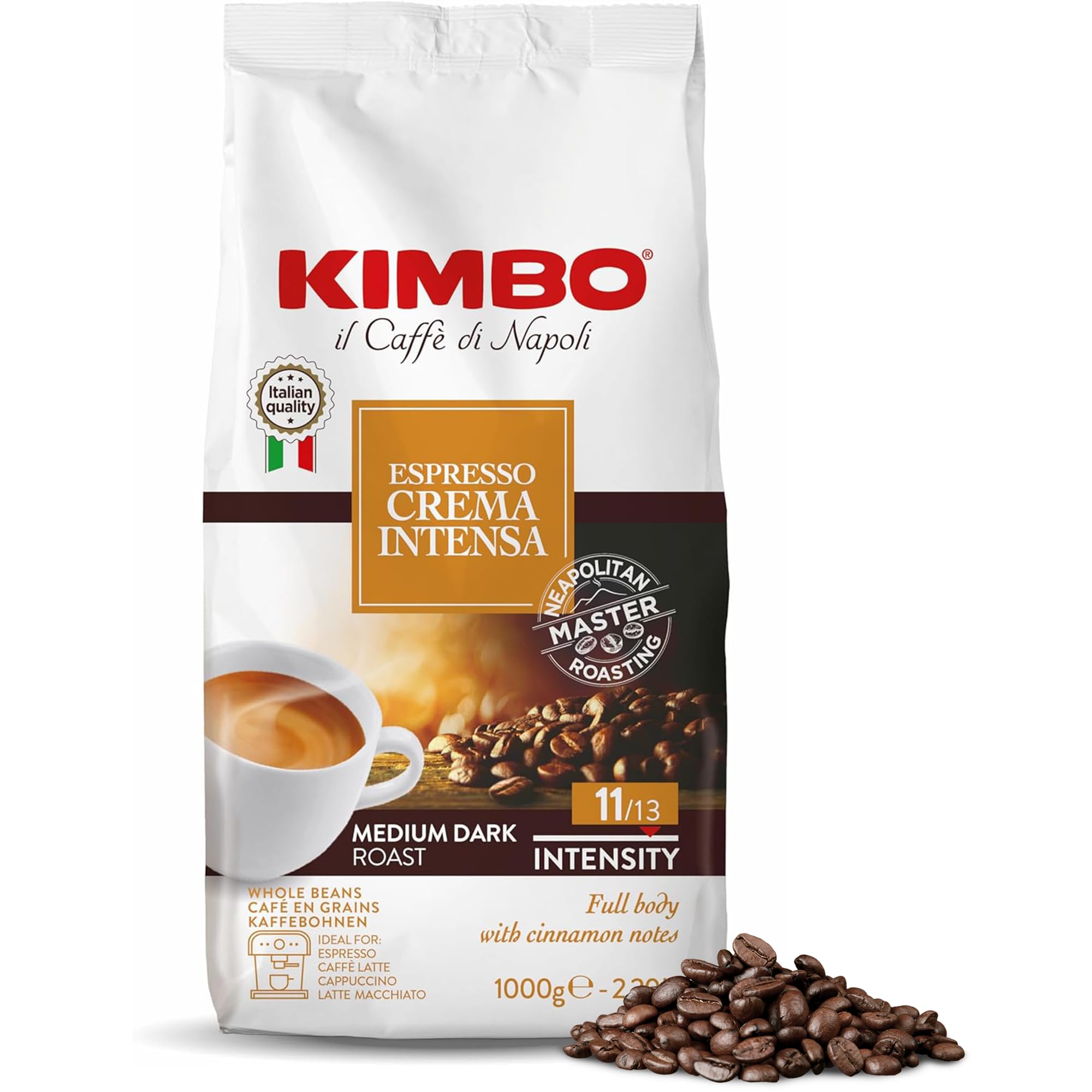 Kimbo Crema Intensa Whole Coffee Beans, Medium Roast, 1kg Bag