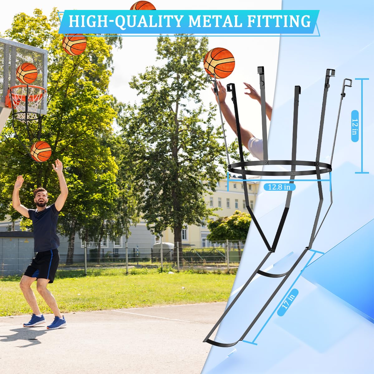 Basketball Rückkehr Aufsatz für Hoop Heavy Duty Basketball Rebounder mit 6 Haken, Basketball Zubehör für Indoor und Outdoor, Basketballkorb Rebounder für Solo Spielen und Üben, Metall, Schwarz