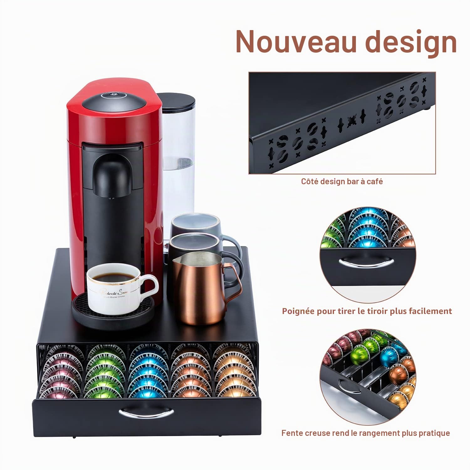 FlagShip Support de capsules pour Nespresso Vertuo - Organiseur de capsules - Design de bar à café et support pour machine à café - Métal noir (capacité de 50 capsules)