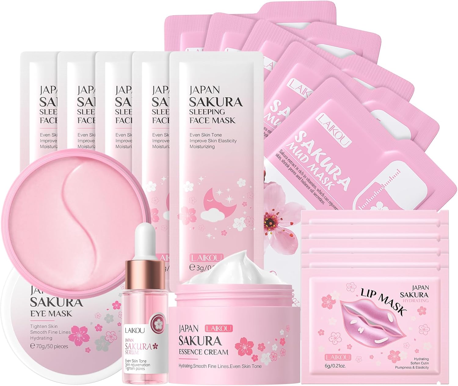 LAIKOU Sakura Ensemble de Soins de la Peau, Coffrets Cadeau de Soins pour la Peau, Soins Visage Adolescente, avce Masque Nettoyant, Masque, Masque à Lèvres, Masque Yeux, Essence, Crème (18 pièces)