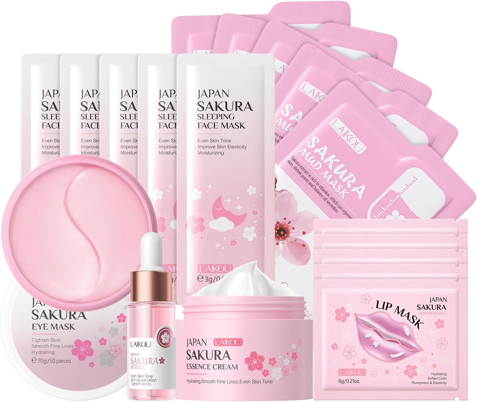 LAIKOU Sakura Skin Care Set, Pamper Sets for Women Gift, Facial Skin Care Sets & Kits,with Face Serum, Cream, Sleep Mask, Eye Mask, Mud Mask, Lip Mask (Sakura, count, 13)