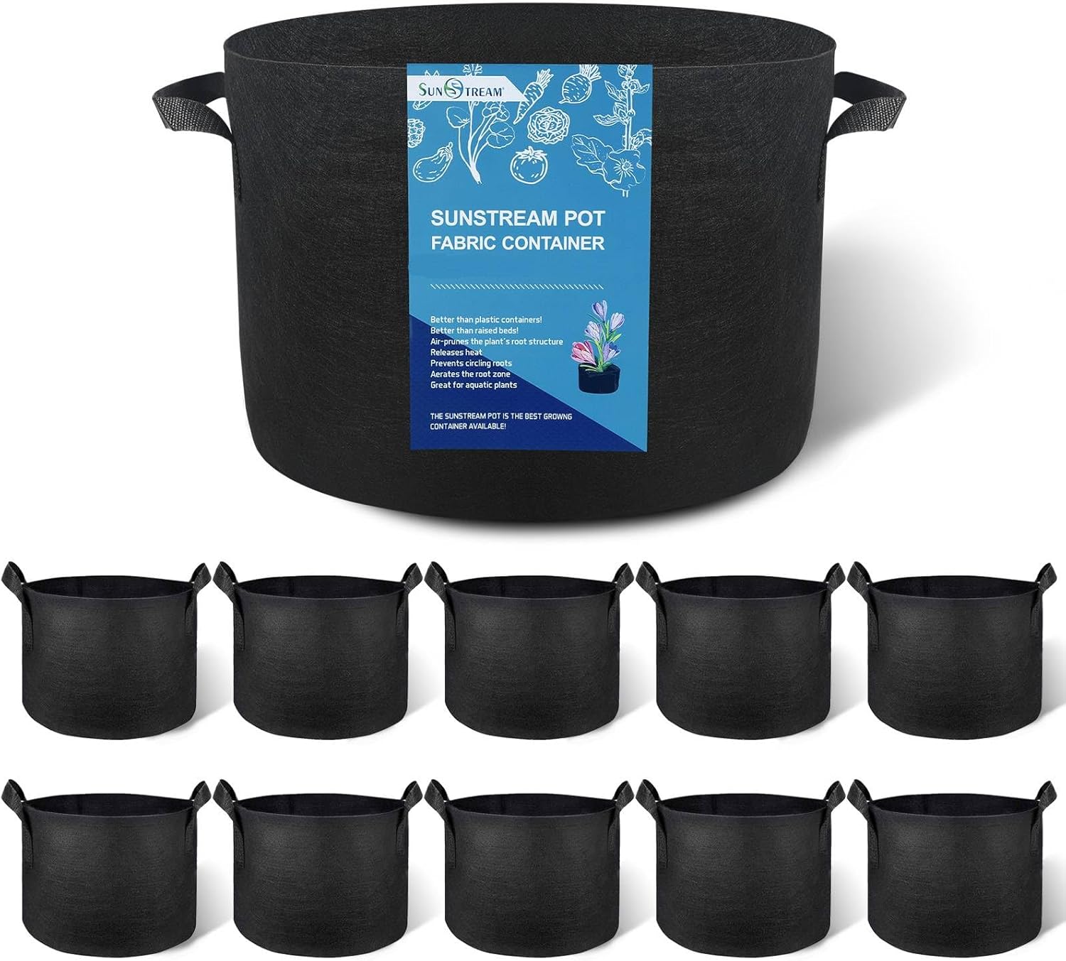 SunStream 10 Gallon Grow Bags 10 Pack Heavy Duty 300G Thickened with Handles Nonwoven Fabric Garden Pots for Indoor Vegetables Flowers Mushroom