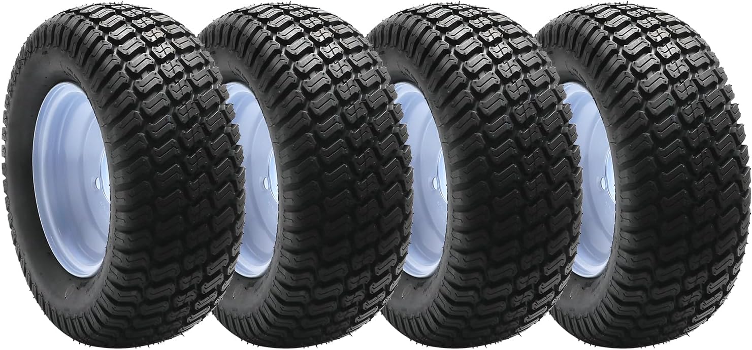 16x6.50-8 Tire on 8" White Rim 4x4" Bolt Pattern 4-Pack – 4PR Tubeless Turf Wheels for Zero Turn Mower Lawn Tractor Utility Trailer ATV 620 lbs Load