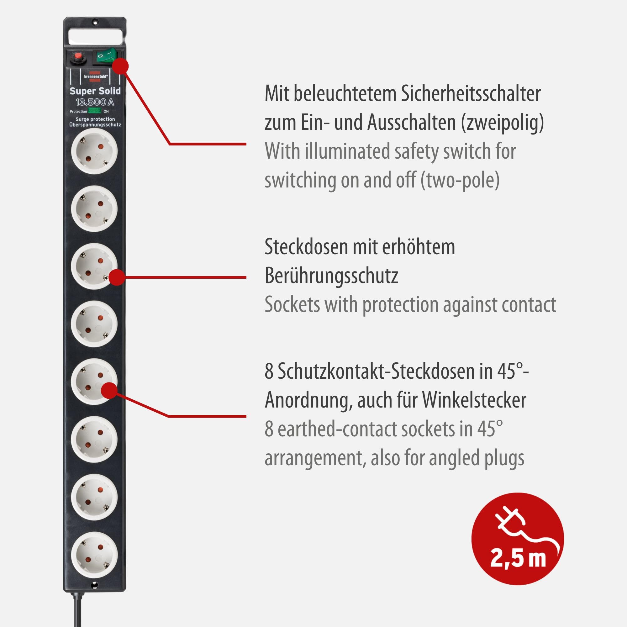 Brennenstuhl Super-Solid regleta enchufes con 8 Tomas y protección sobretensiones hasta 13.500A (con Cable de 2,5m e Interruptor, regleta eléctrica de policarbonato inastillable) Negro/Gris