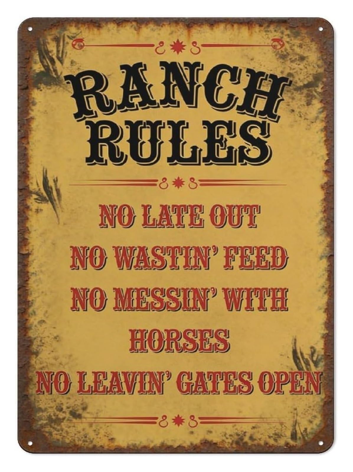 NWPNLXEA Primitive Western Ranch Rules Metal Sign 8x12 Inch Rustic Cowboy Wall Hanging For Farmhouse Dining Room Sunroom Porch 8 X 12 inch