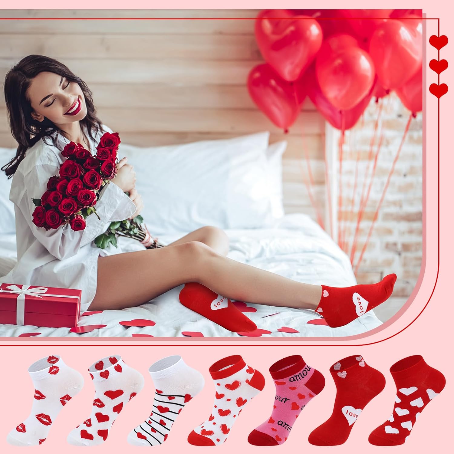 Short Valentine Heart Socks for Women, Red Pink White Heart Ankle Crew Low Cut Galentines Socks Bulk for Women - Image 2