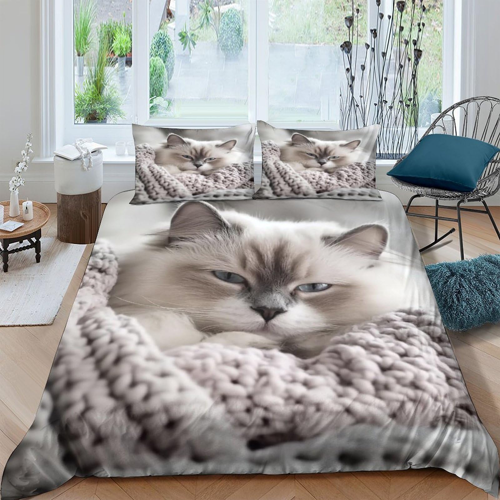 GPLZQXKJNH 3D Printed Fluffy Cat Duvet Cover Microfiber Soft Breathable Cozy Blanket Quilt Cover Set with 2 Pillowcases for Bedroom Decor Single（135x200cm）