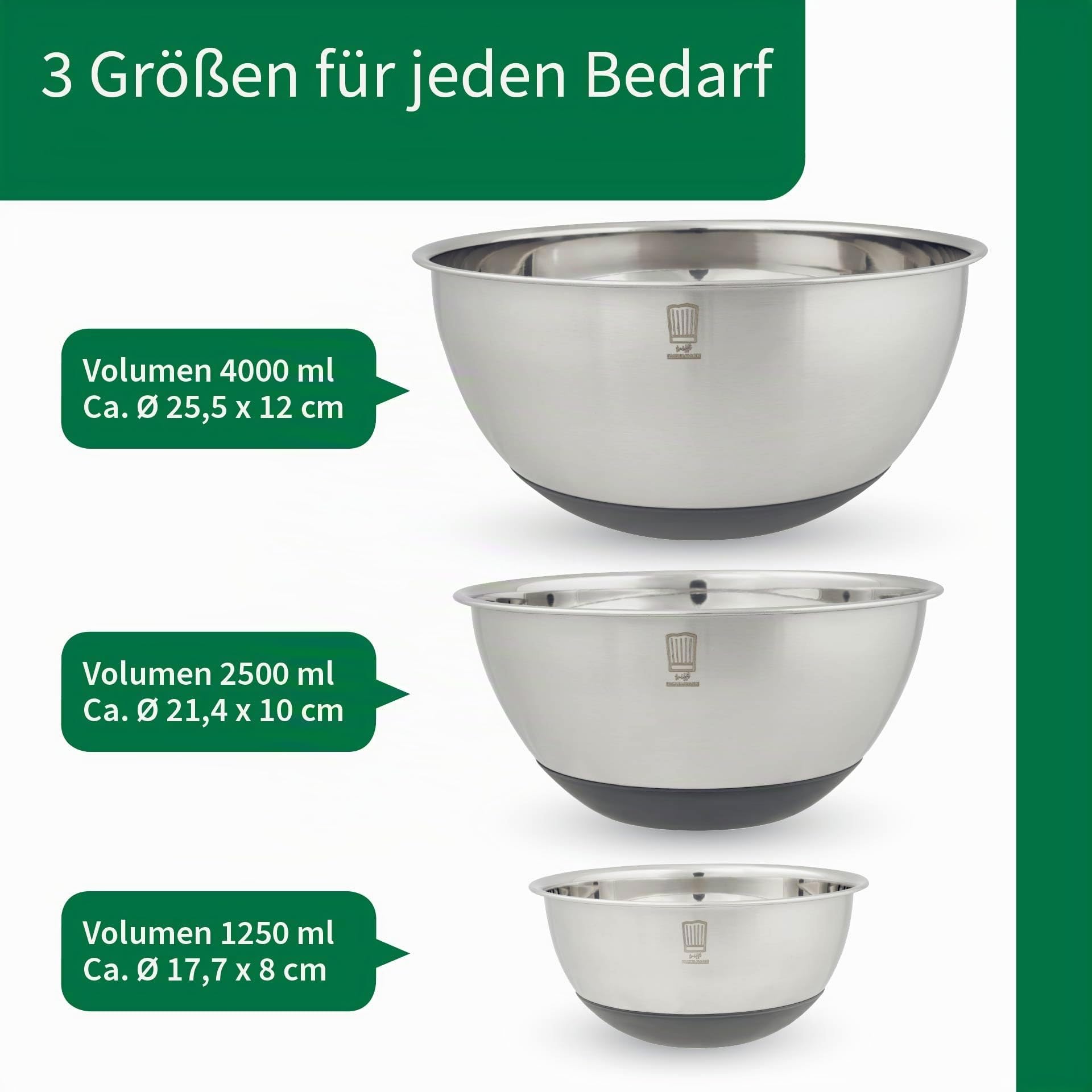 FACKELMANN Chefkoch trifft 3-teiliges Premium Schüsselset aus Edelstahl, inkl. Antirutschboden aus Silikon, 1,25l, 2,5l, 4l, ideal für Salate, Teige & mehr, spülmaschinengeeignet